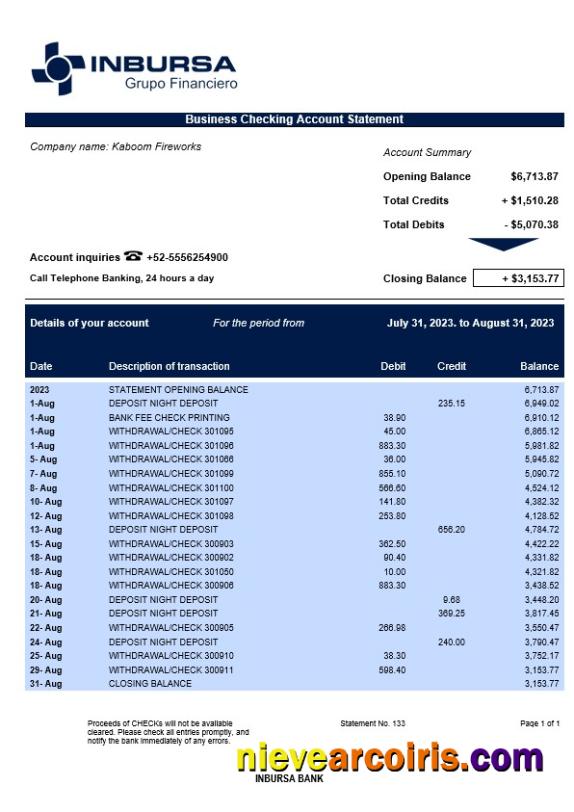 Inbursa Bank company checking account statement